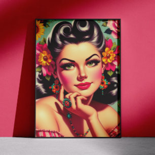 Poster Joli portrait rétro floral pin-up
