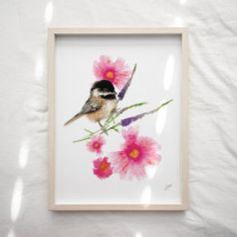Poster Joli poulet Oiseau rose Fleurs Imprimer