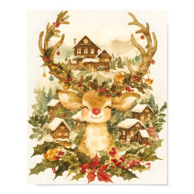 Joli Renne de Noël à l'aquarelle vintage