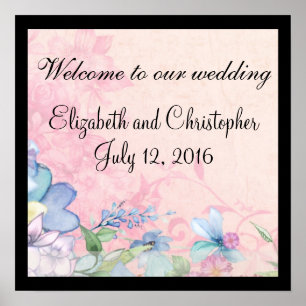 Poster Joli rose et bleu Floral Bienvenue à notre Mariage