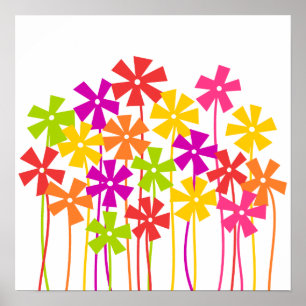 Poster Joli rose jaune orangé simple fleurs dessin