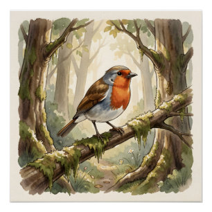 Poster Joli rouge-gorge dans une vieille forêt