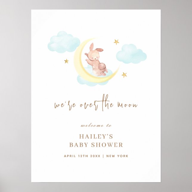 Poster Joli Sur Le Baby shower Lapin Lune Bienvenue (Devant)