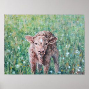Poster Joli veau Brown en Fleurs Beaux Arts Imprimer