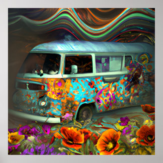 Poster Joli vieux Combi van bleu fleurs hippy temps