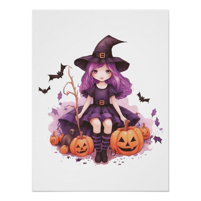 Poster Joli violet sorcière haïe Citrouilles et chauves-s (Devant)