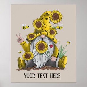 Poster jolie abeille tournesol gnome signe de paix ajoute