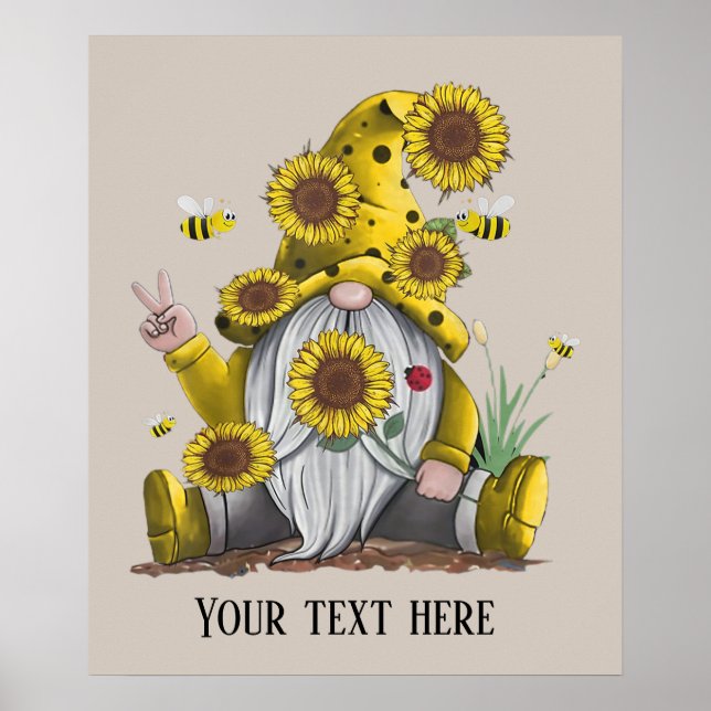 Poster jolie abeille tournesol gnome signe de paix ajoute (Devant)