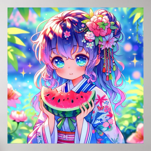 Poster Jolie Anime Girl Manger Watermelon (Devant)