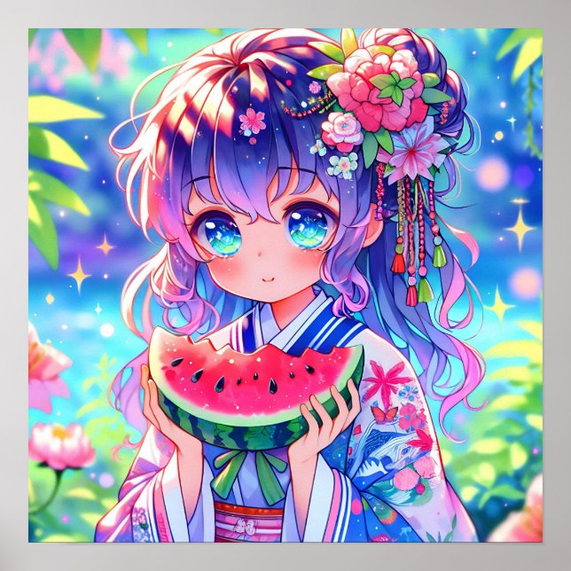 Poster Jolie Anime Girl Manger Watermelon (Devant)