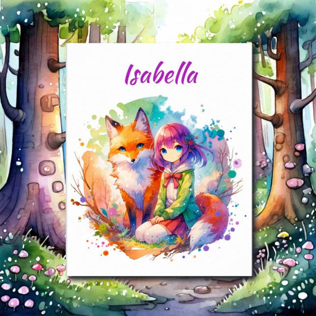 Poster Jolie aquarelle Anime Girl et Fox (Créateur téléchargé)