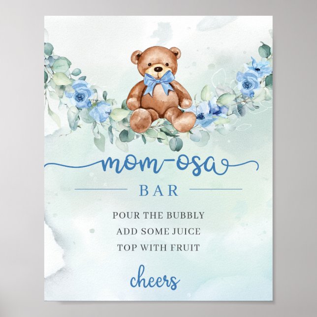 Poster Jolie aquarelle bébé ours bleu fleurs maman-osa ba (Devant)