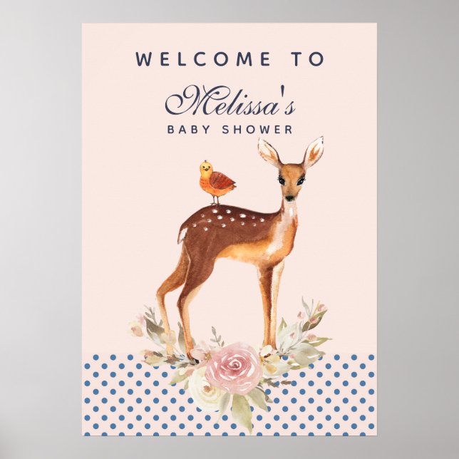 Poster Jolie aquarelle Fawn avec Baby shower de fleurs (Devant)