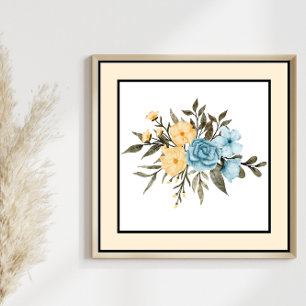 Poster Jolie aquarelle Fleurs Ligne noire Bordure jaune