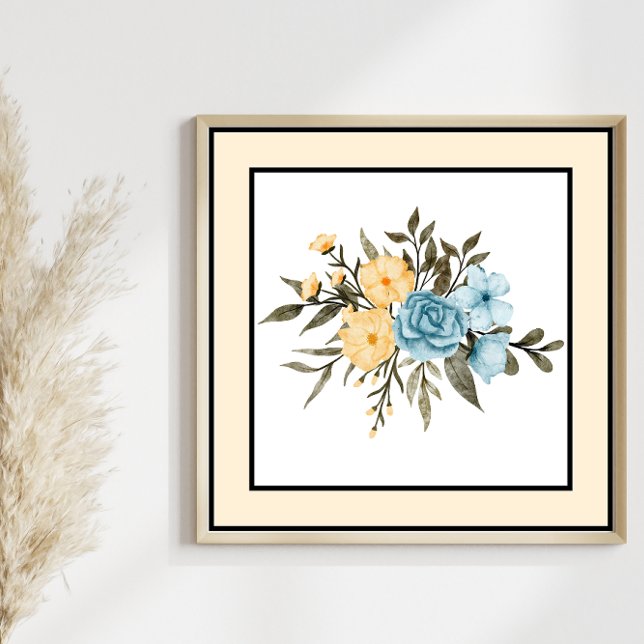 Poster Jolie aquarelle Fleurs Ligne noire Bordure jaune (Créateur téléchargé)