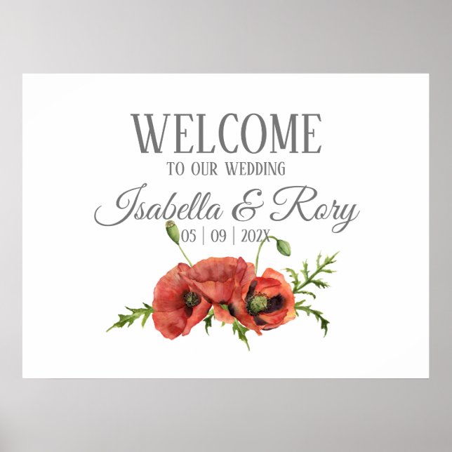 Poster Jolie aquarelle Rouge Poppies Mariages Bienvenue (Devant)