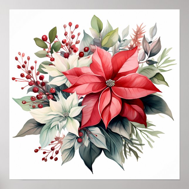 Poster Jolie Aquarelle Rouge Xmas Poinsettia Fleurs (Devant)