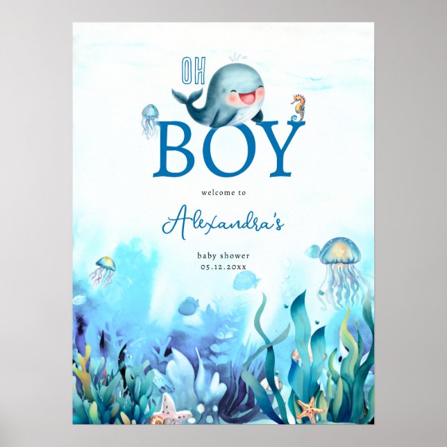 Poster Jolie baleine sous Baby shower Sea Boy Bienvenue (Devant)