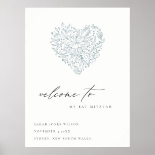 Poster Jolie Bienvenue Bat Mitzvah Cœur Floral Bleu Assom