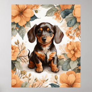 Poster Jolie Brown dachshund Puppy Peach Floral