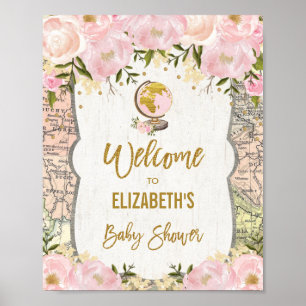 Poster Jolie carte de voyage Baby shower rose Fleur Bienv