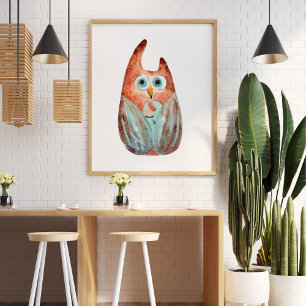 Poster Jolie chouette aquarelle vert orange