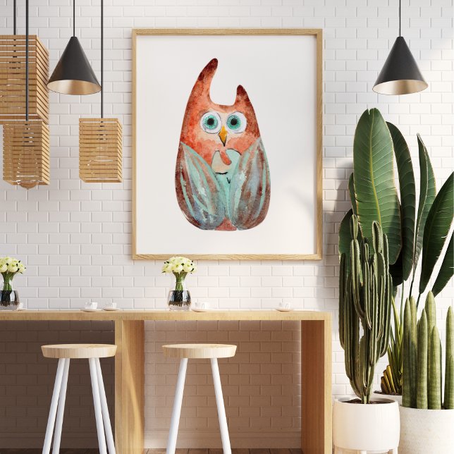 Poster Jolie chouette aquarelle vert orange (Créateur téléchargé)