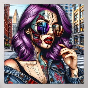 Poster Jolie Dame Abstraite colorée aux cheveux violets
