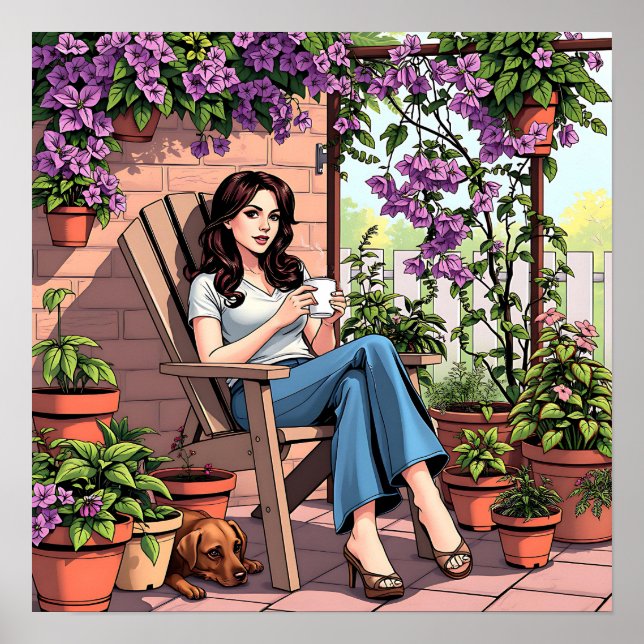 Poster Jolie Dame Boire Du Café Relaxant Dehors (Devant)