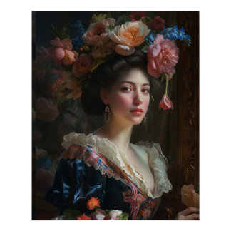 Poster Jolie Dame En Robe Fleurs De Soie.