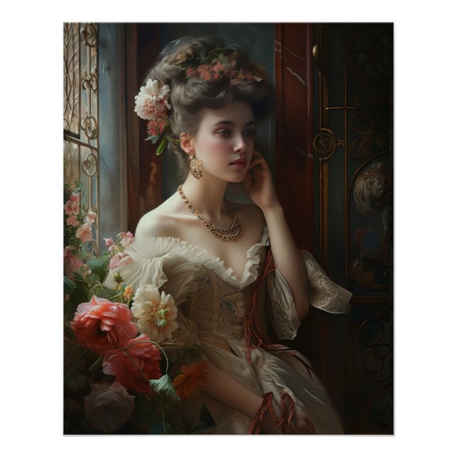 Poster Jolie Dame En Robe Fleurs De Soie. (Devant)