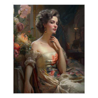 Poster Jolie Dame En Robe Fleurs De Soie.