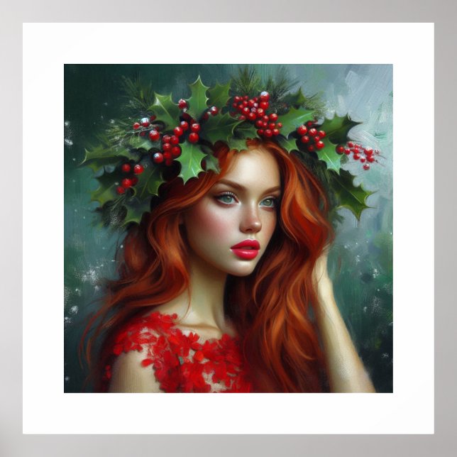 Poster Jolie dame en rouge avec Feuilles saints (Devant)