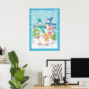 Poster Jolie famille des neigeurs de Noël dans la neige