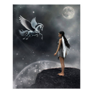 Poster Jolie fée ailée et cheval volant