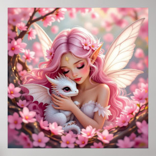 Poster Jolie fée elfe rose et dragon