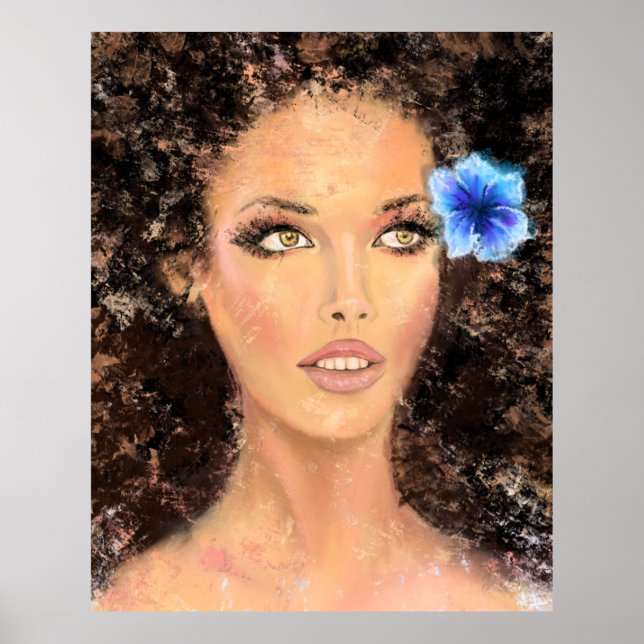 Poster Jolie femme avec Fleur Bleue - Peinture originale (Devant)