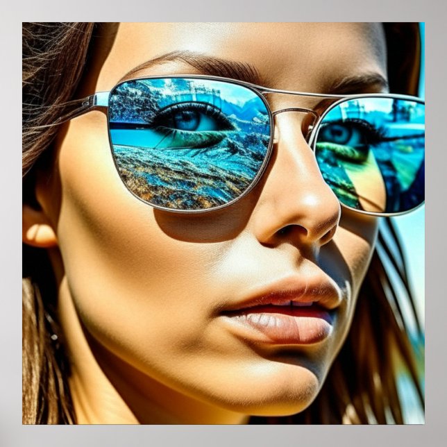 Poster Jolie femme avec reflet de lunettes de soleil de p (Devant)