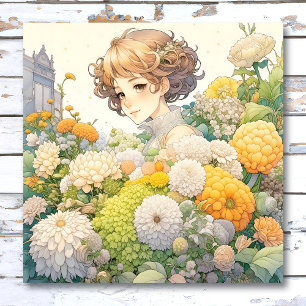 Poster Jolie fille Anime en Fleurs Jaunes et Blanches