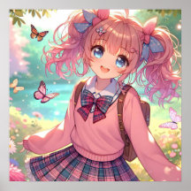 Jolie fille Anime en Pigtails Roses