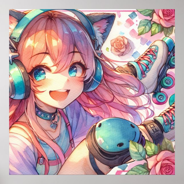 Poster Jolie fille Anime en Roller skates (Devant)