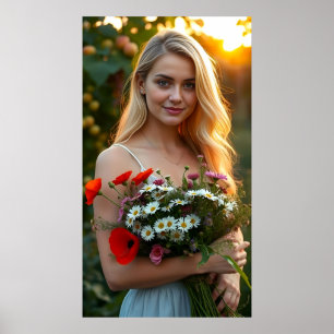 Poster Jolie fille avec Bouquet de marguerites et de pavo