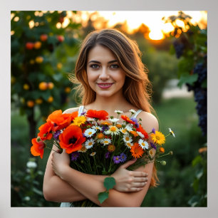 Poster Jolie fille avec Bouquet de marguerites et de pavo
