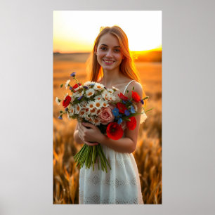 Poster Jolie fille avec Bouquet de marguerites et de pavo