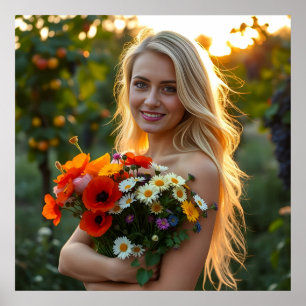 Poster Jolie fille avec Bouquet de marguerites et de pavo