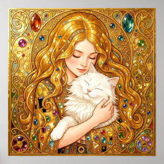 Poster Jolie Fille Avec Chat Art Nouveau Style Gustav Kli