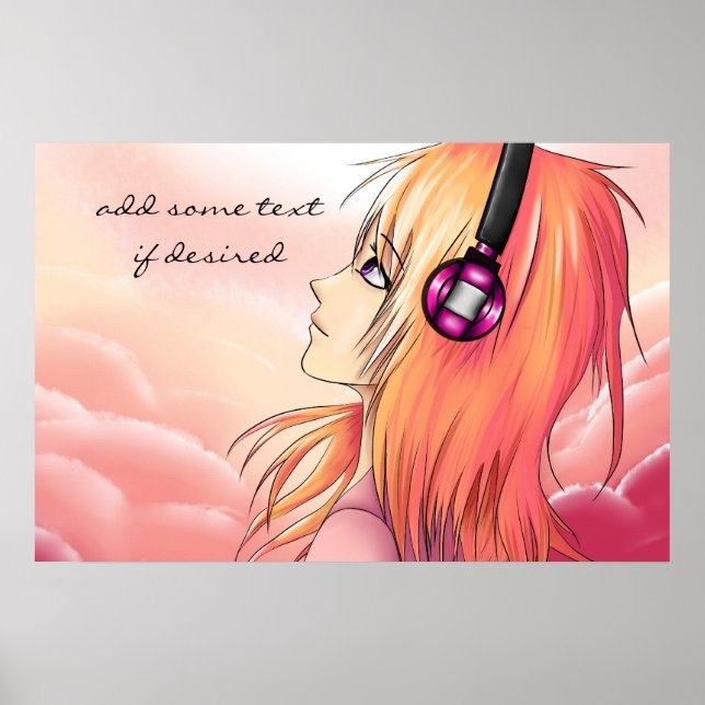 Poster Jolie fille de dessin animé écoutant l'affiche de  (Devant)
