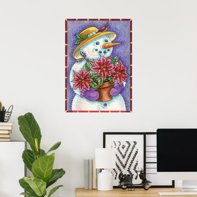 Poster Jolie fille de Noël Snowman avec Poinsettia (Bureau à domicile)