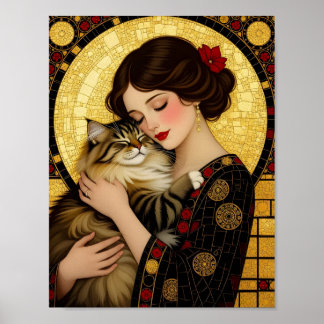 Poster Jolie Fille et Chat Mignon Art Nouveau Gustav Klim