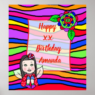 Poster Jolie fille fée caucasienne Joyeux Anniversaire